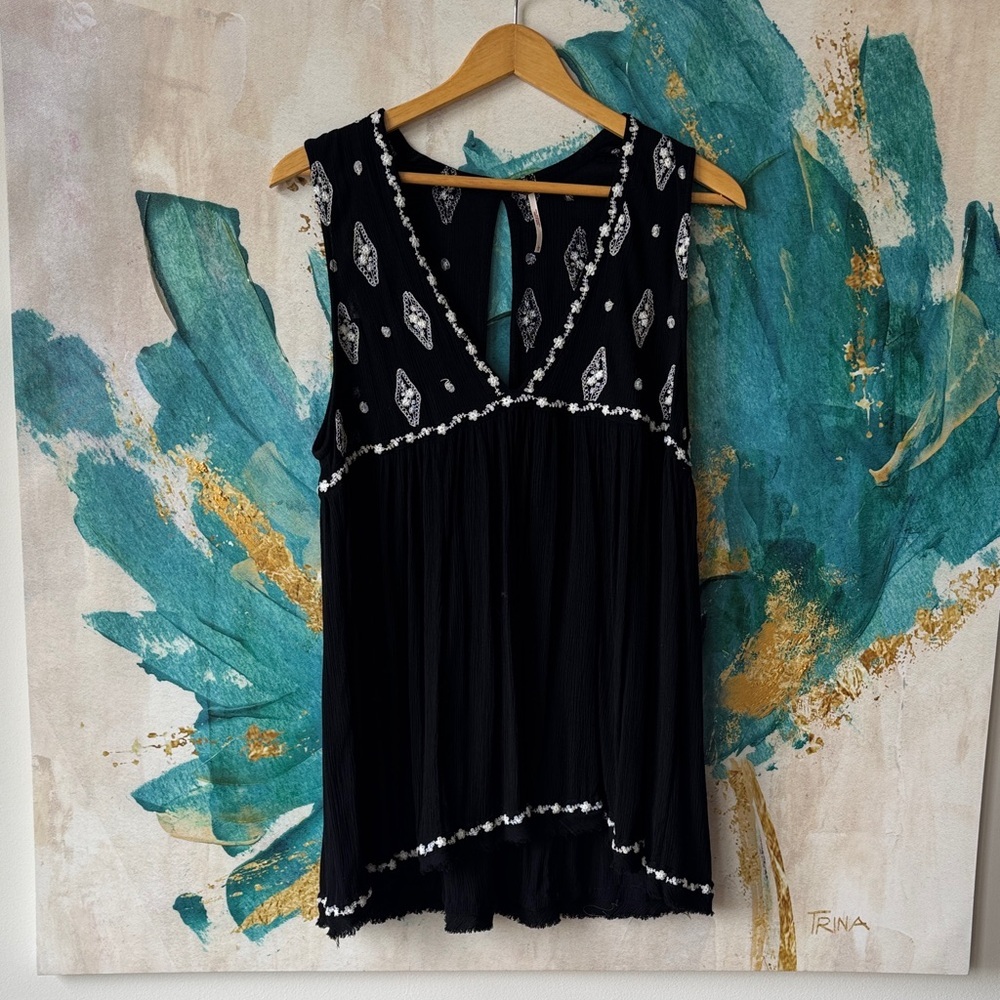 Free People Black Sleeveless V-Neck Embroidered Tunic